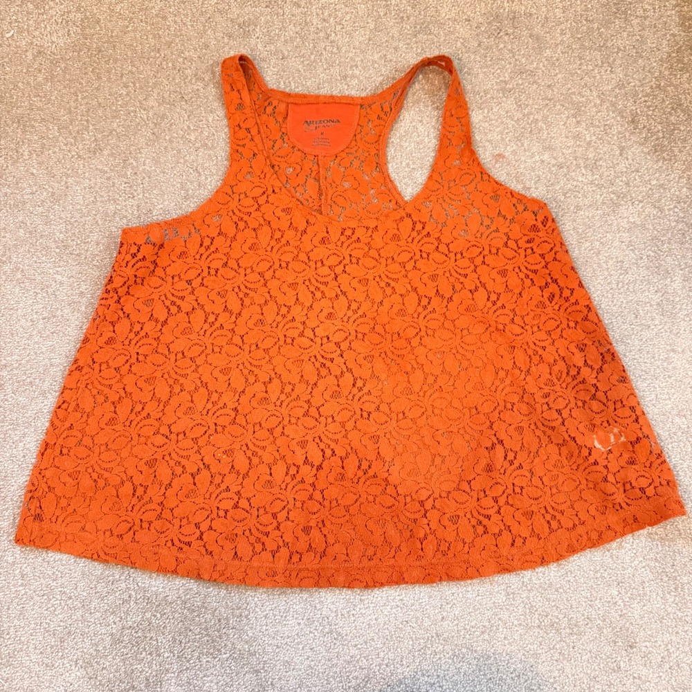 Arizona Jean Co Orange Floral Lace Racerback Tank Top Womens Medium Sleeveless